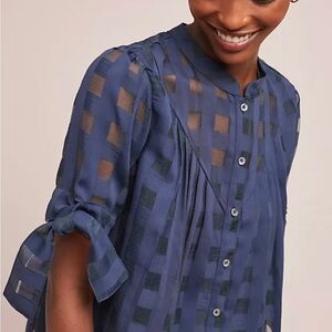 Current Air Navy Checkered Blouse with Tie Sleeves